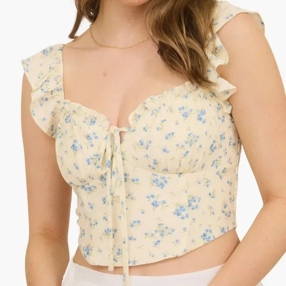Blu Pepper Floral Ruffle Crop Top - Cream and Blue - Picture 4 of 5
